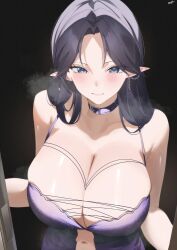 Rule 34 | 1girl, absurdres, babydoll, belt collar, blue eyes, blush, breasts, cleavage, collar, earrings, highres, huge breasts, jewelry, kurozawa yui, limnos, looking at viewer, mole, mole under eye, navel, pointy ears, purple hair, solo, tt013 (thirteennn013), upper body, virtual youtuber