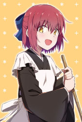 Rule 34 | 1girl, apron, azami masurao, black kimono, blue bow, bow, broom, commentary request, hair between eyes, hair bow, half updo, highres, holding, holding broom, japanese clothes, kimono, kohaku (tsukihime), looking at viewer, maid, maid apron, open mouth, red hair, short hair, smile, solo, tsukihime, wa maid, white apron, wide sleeves, yellow background, yellow eyes