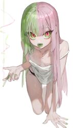 Rule 34 | 1boy, arm support, bare shoulders, black panties, camisole, cigarette, collarbone, crossdressing, frost fog, green eyes, green hair, green nails, hair between eyes, highres, holding, holding cigarette, kneeling, leaning forward, long bangs, long hair, male focus, mouth hold, multicolored hair, nail polish, no pants, original, panties, panty peek, pink eyes, pink hair, raised eyebrows, ringed eyes, sidelocks, slit pupils, smoke trail, solo, straight hair, strap slip, trap, two-tone eyes, two-tone hair, underwear, white camisole