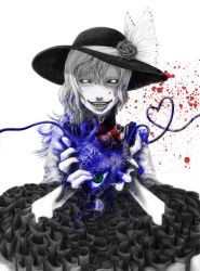 Rule 34 | 1girl, blood, blood splatter, bow, crazy smile, creepy, female focus, flower, frills, gathers, hane (azelye), hat, heart, heart (organ), heart of string, horror (theme), komeiji koishi, nail polish, smile, solo, spot color, squeezing, stitches, surreal, teeth, third eye, touhou, wide sleeves