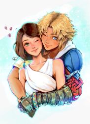 Rule 34 | 1boy, 1girl, absurdres, armor, bare shoulders, blonde hair, blue eyes, brown hair, cheek-to-cheek, closed mouth, collarbone, commentary, couple, cropped torso, english commentary, final fantasy, final fantasy x, gloves, green eyes, heads together, heart, highres, hood, hooded jacket, hug, hug from behind, jacket, lips, nontraditional miko, one eye closed, procreate (medium), shirt, short hair, shoulder armor, signature, smile, swept bangs, tidus, upper body, white shirt, xriviia, yuna (ff10)