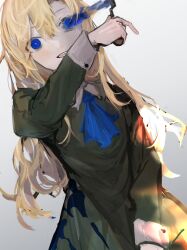 Rule 34 | 1girl, ascot, black dress, blonde hair, blue ascot, blue eyes, collared dress, dress, eye trail, grey background, highres, holding, holding knife, ib (kouri), knife, light trail, long hair, long sleeves, looking at viewer, mary (ib), messy hair, palette knife, smile, solo, very long hair, yandere, zohyo