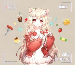 Rule 34 | 1girl, animal ears, bare shoulders, bendy straw, blonde hair, blush, bow, brown background, candy wrapper, cat ears, cheese, collarbone, commentary request, commission, cup, danby merong, disposable cup, dress, drink, drinking straw, food, fork, fruit, hair bow, hair ornament, hairclip, hands up, heart, highres, jacket, long hair, long sleeves, off shoulder, open clothes, open jacket, original, parted lips, pudding, puffy long sleeves, puffy sleeves, red bow, red eyes, red jacket, simple background, sleeveless, sleeveless dress, solo, sparkle, star (symbol), strawberry, very long hair, viewfinder, white dress