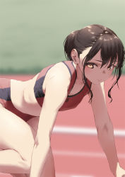 Rule 34 | 1girl, blurry, blurry background, brown hair, closed mouth, commentary request, jonsun, long hair, looking at viewer, midriff, original, shiori (jonsun), short hair, sidelocks, solo, sports bra, sportswear, track and field, track uniform, two-tone sports bra, yellow eyes
