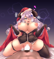 Rule 34 | 10s, 1boy, 1girl, :d, alternate costume, black gloves, black thighhighs, blue eyes, blush, braid, breasts, breasts out, bursting breasts, censored, cow girl, cow horns, cowgirl position, demon horns, draph, elbow gloves, girl on top, gloves, granblue fantasy, hair ornament, hair over one eye, hairclip, hat, heart, hetero, highres, horns, large breasts, light purple hair, long hair, looking at viewer, male pubic hair, narmaya (granblue fantasy), nipple slip, nipples, no bra, no panties, nose blush, oohira sansetto, oohira sunset, open mouth, pink hair, pointy ears, pov, pov crotch, pubic hair, puffy nipples, purple eyes, pussy, santa costume, santa hat, sex, single thighhigh, smile, solo focus, spread legs, steam, straddling, sweat, sweatdrop, thigh strap, thighhighs, tongue, vaginal
