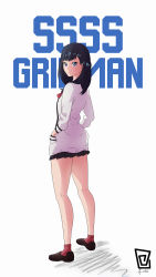 Rule 34 | 10s, 1girl, absurdres, black hair, blue eyes, breasts, closed mouth, gridman universe, highres, keihh, logo request, long hair, looking at viewer, medium breasts, simple background, ssss.gridman, takarada rikka