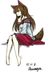 Rule 34 | 1girl, animal ears, azumaya toushirou, bad id, bad pixiv id, breasts, brooch, brown hair, dated, dress, highres, imaizumi kagerou, jewelry, long hair, long sleeves, off shoulder, open mouth, red eyes, signature, simple background, sitting, solo, tail, touhou, white background, wolf ears, wolf tail
