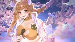 Rule 34 | 1girl, :d, amyu (amm asl pa), animal ear fluff, animal ears, blush, bow, braid, branch, breasts, cherry blossoms, cleavage, cleavage cutout, clothing cutout, commentary, crop top, floating hair, flower, fur collar, green eyes, hair bow, heart cutout, highres, holding, holding microphone, hood, hooded jacket, indie virtual youtuber, jacket, kuon natsume, large breasts, light brown hair, long hair, looking at viewer, microphone, open clothes, open jacket, open mouth, paper, smile, solo, twin braids, twintails, upper body, virtual youtuber, white bow, white jacket, wolf ears, wolf girl