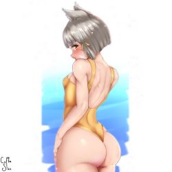 Rule 34 | 1girl, animal ears, artist name, ass, back, bare arms, bare back, bare shoulders, blush, breasts, cat ears, coffeeslice, curvy, embarrassed, from behind, highres, hip focus, huge ass, looking at viewer, looking back, nia (xenoblade), nintendo, one-piece swimsuit, shiny clothes, shiny skin, short hair, sideboob, small breasts, solo, swimsuit, wide hips, xenoblade chronicles (series), xenoblade chronicles 2, yellow eyes
