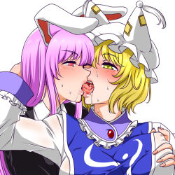 Rule 34 | 2girls, animal ears, black jacket, blazer, blonde hair, blush, breasts, collar, collared shirt, commentary request, covered erect nipples, dress, eye contact, fingernails, french kiss, frilled collar, frilled sleeves, frills, grabbing, grabbing another&#039;s breast, hat, jacket, kiss, large breasts, lips, long hair, looking at another, mob cap, multiple girls, narrowed eyes, one eye closed, profile, purple hair, rabbit ears, red eyes, reisen udongein inaba, saliva, shiraue yuu, shirt, short hair, sweat, tabard, teeth, tongue, tongue out, touhou, upper teeth only, white background, white dress, white headwear, white shirt, yakumo ran, yellow eyes, yuri