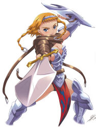 Rule 34 | 1girl, absurdres, armor, blonde hair, boots, braid, breastplate, buckle, curvy, hairband, highres, hisayuki hirokazu, leina (queen&#039;s blade), lips, looking at viewer, official art, queen&#039;s blade, revealing clothes, scan, shield, shiny skin, short hair with long locks, side braid, slashing, solo, sword, thong, twin braids, weapon
