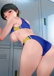Rule 34 | 1girl, against locker, alternate breast size, ass, black hair, bloomers, blue bloomers, blue pants, blush, breasts, breasts out, green eyes, highres, indoors, kantai collection, kusaka souji, large breasts, looking at viewer, mogami (kancolle), nipples, pants, short hair, solo, sportswear, track uniform, two-tone pants, underwear