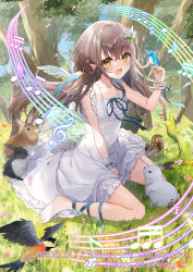 Rule 34 | 1girl, :d, animal, animal on hand, bare shoulders, barefoot, beamed eighth notes, beamed sixteenth notes, between legs, bird, blue ribbon, blush, brown eyes, brown hair, collarbone, commentary request, dress, flower, forest, frilled dress, frills, hair between eyes, hair flower, hair ornament, hand between legs, hand up, highres, long hair, looking at viewer, music, musical note, natsuki (ukiwakudasai), nature, official art, on grass, open mouth, pecteilis, pointy ears, quarter note, rabbit, ribbon, singing, sleeveless, sleeveless dress, smile, solo, squirrel, treble clef, tree, very long hair, watermark, white dress, white flower, wrist cuffs, z/x