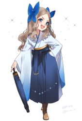 Rule 34 | 1girl, asakaze (kancolle), blue bow, blue eyes, blue hakama, boots, bow, brown footwear, brown hair, cross-laced footwear, dated, forehead, full body, hair bow, hakama, hakama skirt, japanese clothes, kantai collection, koruri, lace-up boots, light brown hair, long hair, looking at viewer, meiji schoolgirl uniform, oil-paper umbrella, open mouth, parted bangs, planted, planted umbrella, round teeth, sidelocks, skirt, smile, solo, sparkle background, standing, teeth, umbrella, upper teeth only, wavy hair, white background