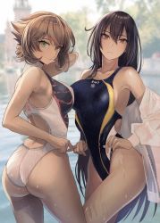 Rule 34 | 2girls, ass, black hair, blurry, blurry background, breasts, brown hair, closed mouth, competition swimsuit, green eyes, hair between eyes, highres, kantai collection, kasumi (skchkko), large breasts, long hair, looking at viewer, multiple girls, mutsu (kancolle), nagato (kancolle), off shoulder, one-piece swimsuit, red eyes, short hair, straight hair, sweater, swimsuit, thighs, very long hair, water, wet, white sweater