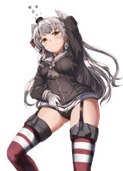 Rule 34 | 1girl, absurdres, amatsukaze (kancolle), black panties, breasts, brown dress, brown eyes, butter curry, dress, garter straps, gloves, hair tubes, hat, heart, highres, kantai collection, long hair, medium breasts, mini hat, panties, red thighhighs, sailor dress, short dress, silver hair, simple background, single glove, solo, striped clothes, striped thighhighs, thighhighs, thighs, two side up, underwear, white background, white gloves