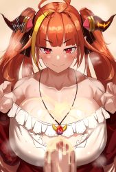 Rule 34 | 1girl, ahoge, bare shoulders, breasts, censored, cleavage, collarbone, cum, cum on body, cum on breasts, cum on upper body, dragon girl, dragon horns, ejaculation, ejaculation between breasts, highres, hololive, horns, huge ahoge, huge breasts, jewelry, kiryu coco, large penis, long hair, looking at viewer, necklace, nuezou, open mouth, orange hair, paizuri, penis, pointy ears, red eyes, strap pull, third-party edit, twintails, upper body, virtual youtuber