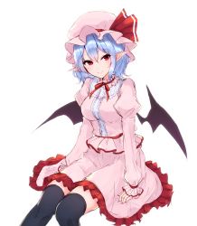 Rule 34 | 1girl, bat wings, black thighhighs, blue hair, breasts, center frills, commentary, dated commentary, frilled skirt, frills, hair between eyes, hat, highres, juliet sleeves, junior27016, long sleeves, looking at viewer, medium breasts, mob cap, pink hat, pink shirt, pink skirt, pointy ears, puffy sleeves, red eyes, remilia scarlet, shirt, short hair, simple background, sitting, skirt, skirt set, smile, solo, thighhighs, touhou, white background, wings