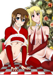 Rule 34 | 2girls, blonde hair, blue eyes, blush, breasts, brown hair, christmas, cleavage, closed mouth, covered erect nipples, elbow gloves, fate testarossa, gloves, grin, hair ornament, highres, kunisaki-air, large breasts, long hair, looking at viewer, lyrical nanoha, mahou shoujo lyrical nanoha strikers, multiple girls, navel, red eyes, red gloves, red thighhighs, short hair, smile, solo, thighhighs, underboob, x hair ornament, yagami hayate