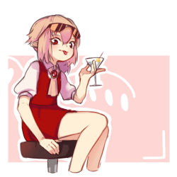 Rule 34 | 1girl, ascot, border, cocktail glass, collared shirt, cropped legs, cup, drinking glass, eyewear on head, flandre scarlet, from below, holding, holding cup, looking at viewer, outline, outside border, pink background, puffy short sleeves, puffy sleeves, red eyes, red vest, shirt, short sleeves, sitting, skirt, skirt set, smile, solo, sunglasses, tongue, tongue out, touhou, vest, white border, white outline, yellow ascot, yoruny