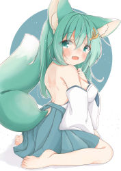 Rule 34 | 1girl, animal ear fluff, animal ears, bad id, bad pixiv id, barefoot, blue skirt, blush, breasts, clothing cutout, commentary request, day, detached sleeves, fox ears, fox girl, fox tail, full body, green eyes, green hair, hair between eyes, hair ornament, hand up, highres, indie virtual youtuber, japanese clothes, kimono, long sleeves, medium breasts, minato yu (0514), mitomori tsubaki, open mouth, pleated skirt, shadow, sitting, skirt, solo, sweat, tail, tail raised, tail through clothes, virtual youtuber, wariza, white kimono, white sleeves, wide sleeves