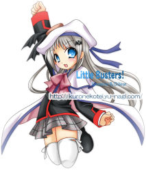 Rule 34 | 1girl, blue eyes, bow, cape, chibinon, fang, flat chest, hat, jumping, little busters!, long hair, noumi kudryavka, pink bow, plaid, plaid skirt, school uniform, silver hair, skirt, solo, thighhighs