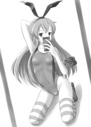 Rule 34 | 10s, 1girl, cellphone, competition swimsuit, greyscale, kantai collection, long hair, mirror, monochrome, one-piece swimsuit, phone, reflection, selfie, shimakaze (kancolle), striped clothes, striped thighhighs, swimsuit, thighhighs, tk4