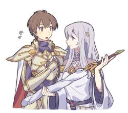 Rule 34 | 1boy, 1girl, armor, aunt and nephew, breastplate, brown eyes, brown hair, cape, circlet, commentary request, cousins, deirdre (fire emblem), dress, fire emblem, fire emblem: genealogy of the holy war, haconeri, holding, holding sword, holding weapon, leif (fire emblem), long hair, nintendo, open mouth, pauldrons, purple eyes, purple hair, red cape, short hair, shoulder armor, simple background, smile, surprised, sword, two-sided cape, two-sided fabric, two-tone cape, weapon, white background, white cape, white dress