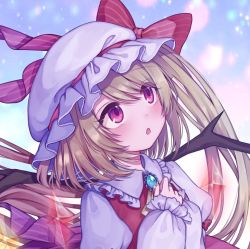 Rule 34 | 1girl, blonde hair, blue background, bow, crystal, flandre scarlet, gradient background, hands on own chest, hat, hat bow, long hair, mob cap, one side up, open mouth, red bow, red eyes, rnkgmn, solo, striped, striped bow, touhou, upper body, white hat, wings