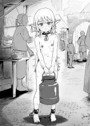 Rule 34 | 1girl, 1other, 4boys, absurdres, ankle cuffs, arch, basket, blush, breasts, collar, completely nude, cuffs, dirty, ear tag, elf, embarrassed, food, full body, highres, holding milk churn, iwaku waku, long hair, looking at viewer, market, market stall, milk churn, monochrome, multiple boys, nude, original, pants, pointy ears, shackles, slave, small breasts, standing, sweat, tunic, very long hair