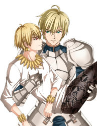 Rule 34 | 2boys, ahoge, armor, arthur pendragon (fate), bad id, bad pixiv id, blonde hair, bracelet, carrying, fate/prototype, fate/zero, fate (series), gilgamesh (fate), green eyes, jewelry, male focus, multiple boys, necklace, official alternate costume, princess carry, red eyes, snakeskin print, yy (yytomb)