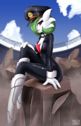 Rule 34 | 10s, 1girl, artist name, black bodysuit, black collar, black hat, bodysuit, boku no hero academia, boots, breasts, center opening, clothed pokemon, collar, cosplay, creatures (company), day, full-length zipper, game freak, gardevoir, gen 3 pokemon, green hair, hair over one eye, hand on own knee, hat, looking at viewer, medium breasts, nintendo, outdoors, parted lips, peaked cap, pokemon, red eyes, rilex lenov, rock, sitting, sky, solo, spikes, unzipped, utsushimi kemii, utsushimi kemii (cosplay), zipper, zipper pull tab