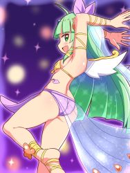Rule 34 | 1girl, ahoge, ass, bare shoulders, bikini, blush, bow, brave dungeon, breasts, cougar (cougar1404), fairy, from behind, green eyes, green hair, hair bow, long hair, looking at viewer, looking to the side, majin shoujo, open mouth, sarong, shiny clothes, shiny skin, sideboob, small breasts, smile, solo, stoj, swimsuit, very long hair, wedgie, wings