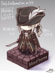 Rule 34 | 1girl, ascot, blonde hair, bloodborne, board game, chibi, copyright name, dual wielding, full body, fushigi ebi, gradient background, hat, holding, lady maria of the astral clocktower, long hair, ponytail, rakuyo (bloodborne), signature, solo, sword, the old hunters, translation request, weapon