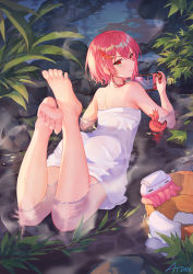 Rule 34 | 1girl, artist name, ass, atdan, back, bare arms, bare shoulders, barefoot, bird, blush, bucket, feet, foot focus, game console, hair between eyes, hair ornament, handheld game console, highres, holding, jellyfish, looking at viewer, looking back, lying, naked towel, on stomach, onsen, original, partially submerged, pink hair, plant, playstation portable, red eyes, revision, short hair, slit pupils, smile, soles, solo, the pose, toes, towel, water