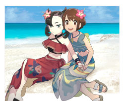 Rule 34 | 2girls, :d, beach, black choker, blue shirt, border, bracelet, choker, closed mouth, collarbone, commentary request, creatures (company), day, eyelashes, flower, game freak, gloria (pokemon), gloria (summer 2021) (pokemon), green eyes, green ribbon, hair flower, hair ornament, holding hands, jewelry, looking at viewer, marnie (pokemon), marnie (summer 2021) (pokemon), multiple girls, navel, necklace, nintendo, official alternate costume, open mouth, outdoors, pink flower, pokemon, pokemon masters ex, ribbon, sagemaru-br, sand, sandals, sarong, shirt, shore, signature, sitting, sleeveless, sleeveless shirt, smile, teeth, toes, tongue, upper teeth only, water, white border