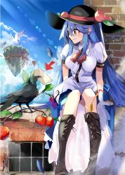 Rule 34 | 1girl, absurdres, apron, beak hold, bird, black headwear, black legwear, blouse, blue bow, blue dress, blue hair, blue skirt, blue sky, boots, bow, branch, brick wall, commentary request, cross-laced footwear, dress, food, frills, from side, fruit, hat, heaven, highres, hinanawi tenshi, keystone, knee boots, large bow, leaf, lens flare, letter, long hair, looking at another, miniskirt, mouth hold, open mouth, peach, pleated skirt, puffy short sleeves, puffy sleeves, rainbow gradient, rainbow order, red bow, red eyes, reiuji utsuho, reiuji utsuho (bird), rope, scenery, shimenawa, shirt, short sleeves, sitting, skirt, sky, smile, socks, sword of hisou, tetsurou (fe+), touhou, tree, twig, white shirt, wing collar