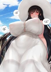 Rule 34 | 1girl, 2channel, :o, arms at sides, bare shoulders, black hair, black thighhighs, blush, breasts, button gap, cloud, covered erect nipples, cream cod, curvy, dress, from below, hasshaku-sama, hat, highres, huge breasts, large areolae, long dress, long hair, looking at viewer, looking down, mature female, mole, mole under eye, narrow waist, nipples, no bra, outdoors, parted lips, pink eyes, plump, sash, see-through, see-through dress, skin tight, sky, sleeveless, sleeveless dress, solo, speech bubble, sun hat, sundress, taut clothes, thighhighs, very long hair, white dress, white hat, wide hips