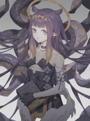 Rule 34 | absurdres, animal ears, bare shoulders, black choker, black gloves, book, choker, closed mouth, collarbone, frilled choker, frills, gloves, gradient background, halo, highres, holding, holding book, hololive, hololive english, long hair, low wings, mole, mole under eye, multicolored hair, ninomae ina&#039;nis, ninomae ina&#039;nis (1st costume), orange hair, patterned, patterned clothing, purple eyes, purple hair, solo, tentacle hair, tentacles, virtual youtuber, wings, ysy (ysy 0219)
