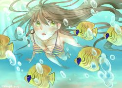 Rule 34 | 1girl, absurdres, air bubble, barefoot, bikini, breath, brown hair, bubble, diving, fish, freediving, gradient background, green eyes, highres, holding breath, long hair, mouyijun, ocean, open mouth, original, swimming, swimsuit, underwater