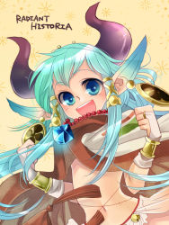 Rule 34 | aht, atlus, bad id, bad pixiv id, blue eyes, cloak, earrings, hiyo (hinauf), horns, jewelry, long hair, midriff, monster girl, necklace, open mouth, radiant historia, satyr, solo