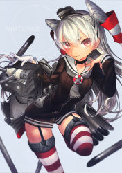 Rule 34 | &gt;:), 10s, 1girl, amatsukaze (kancolle), bad id, bad pixiv id, blue background, character name, choker, cinkai, dress, garter straps, gloves, highres, kantai collection, long hair, md5 mismatch, o o, personification, red eyes, rensouhou-kun, sailor dress, school uniform, serafuku, short dress, silver hair, simple background, smile, striped clothes, striped thighhighs, thighhighs, v-shaped eyebrows, white gloves, zettai ryouiki