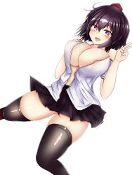 Rule 34 | 1girl, :d, ahoge, black hair, black thighhighs, blush, breasts, covered erect nipples, hat, highres, isshin (sasayamakids), itusin3, large breasts, looking at viewer, miniskirt, navel, open clothes, open mouth, open shirt, panties, panty peek, purple eyes, shameimaru aya, shirt, short hair, skirt, smile, solo, thick thighs, thighhighs, thighs, tokin hat, touhou, underwear, v, white panties, wide hips