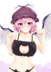 Rule 34 | 1girl, alternate costume, animal ears, bare shoulders, bird wings, black bra, black panties, blush, bra, breasts, cat cutout, cat ear panties, cat lingerie, cleavage, cleavage cutout, closed mouth, clothing cutout, collarbone, frilled bra, frills, frown, hat, highres, large breasts, looking at viewer, meme attire, mob cap, mystia lorelei, navel, nose blush, panties, paw pose, pink eyes, pink hair, short hair, sinkai, solo, stomach, touhou, underwear, underwear only, upper body, white background, wings