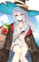 Rule 34 | 1girl, azuuru, bag, bikini, black bikini, black capelet, black choker, black hat, black robe, blue eyes, blush, bridal garter, brooch, capelet, choker, closed mouth, collarbone, collared shirt, commentary request, day, elaina (majo no tabitabi), flower, food, frilled bikini, frills, grey hair, hat, hibiscus, holding, holding food, jewelry, long hair, long sleeves, looking at viewer, majo no tabitabi, open clothes, open robe, outdoors, partially unbuttoned, popsicle, red flower, robe, shirt, sitting, smile, solo, swimsuit, white shirt, witch, witch hat