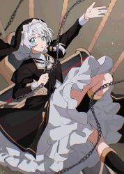 Rule 34 | 1girl, black dress, black footwear, blue eyes, boots, brown background, chain, cross (weapon), dress, highres, holding, holding chain, honkai (series), honkai impact 3rd, knee boots, long hair, long sleeves, looking at viewer, nun, oath of judah, open mouth, polearm, side ponytail, solo, spear, theresa apocalypse, theresa apocalypse (valkyrie pledge), uehara suiyo, veil, weapon, white hair