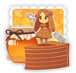 Rule 34 | 1girl, artist name, blush, bow, brown bow, brown dress, brown eyes, brown footwear, brown hair, brown hairband, brown pantyhose, cake, cake slice, chibi, closed mouth, commentary, dav-19, dress, food, fork, full body, fur-trimmed dress, fur trim, hair bow, hairband, holding, holding fork, honey, honeycomb (pattern), jar, lace background, long hair, looking away, looking to the side, original, pantyhose, personification, short sleeves, smile, solo, standing, striped bow, striped clothes, striped hairband, striped pantyhose, transparent background, very long hair, watermark, web address