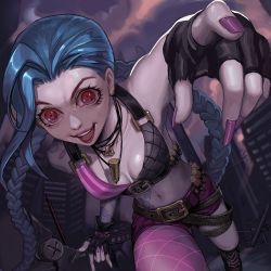 Rule 34 | 1girl, belt, blue hair, braid, breasts, city, gloves, jinx (league of legends), league of legends, lipstick, long hair, lowres, makeup, nail polish, pink eyes, single thighhigh, small breasts, tattoo, thighhighs, twin braids, twintails