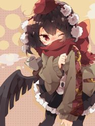 Rule 34 | 1girl, autumn leaves, bird wings, black hair, black pantyhose, black skirt, black wings, bow, brown bag, brown cardigan, buttons, cardigan, commentary, covered mouth, cowboy shot, dotted background, frilled skirt, frills, hat, highres, holding, holding paper, leaf print, long sleeves, looking at viewer, medium hair, nikorashi-ka, one-hour drawing challenge, one eye closed, open cardigan, open clothes, pantyhose, paper, pom pom (clothes), red eyes, red hat, red scarf, rolled up paper, scarf, scarf bow, scarf over mouth, shameimaru aya, shirt, skirt, solo, tokin hat, touhou, white shirt, wings