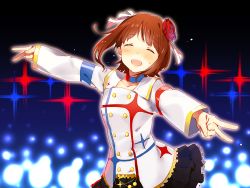 Rule 34 | 1girl, :d, ^ ^, amami haruka, brown hair, closed eyes, costume, closed eyes, flower, hair ornament, idolmaster, idolmaster (classic), idolmaster movie, momose (oqo), open mouth, ribbon, smile, solo, v